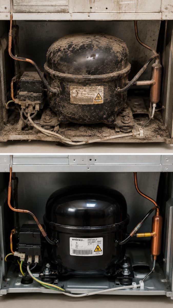 Antes e depois da limpeza do compressor de uma geladeira