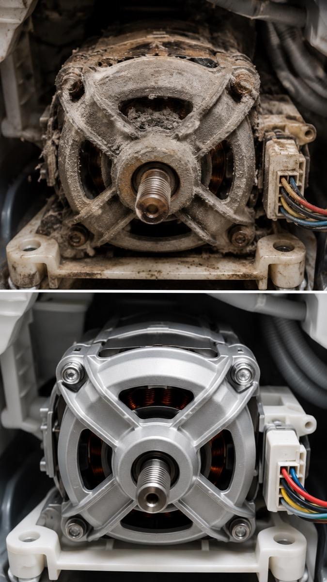 Antes e depois da limpeza do motor de uma lavadora de roupa